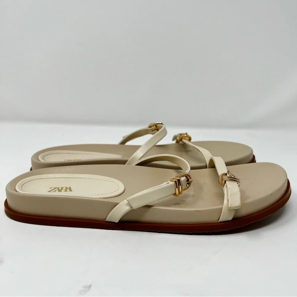 Zara Women's Cream Sandals with Gold Accents - Picture 2 of 8